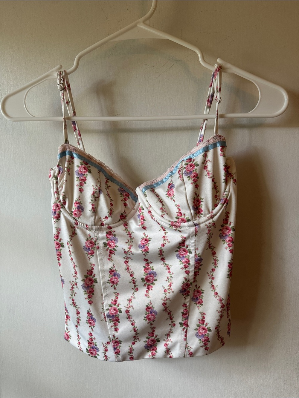Edikted Floral Bustier Cami in White with Pink Roses and Blue Trim